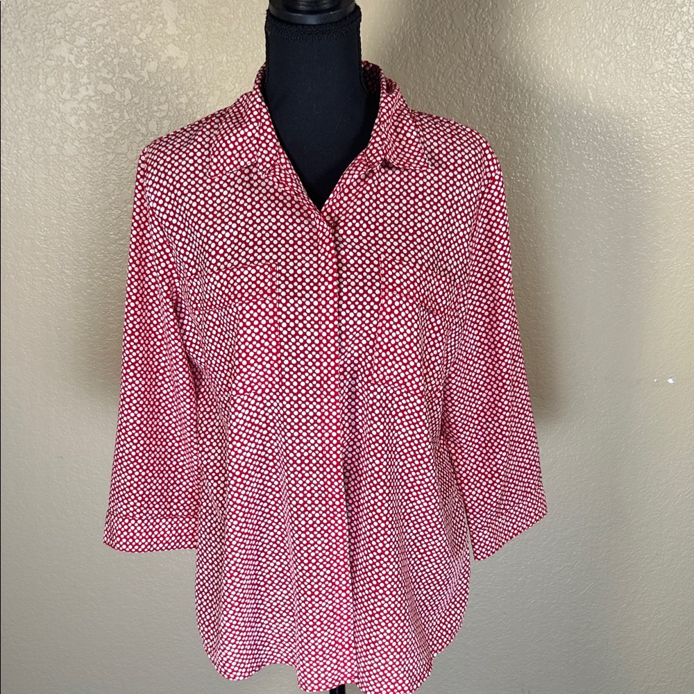 Liz Claiborne Red and White Polka Dot Button Down Shirt Size PL